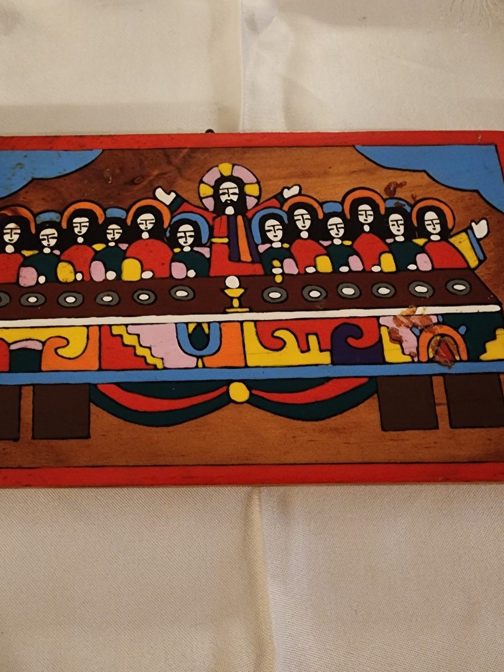 El Salvador Brown, Red, Blue, Yellow Folk Art Handpainted On Wood, Last Supper